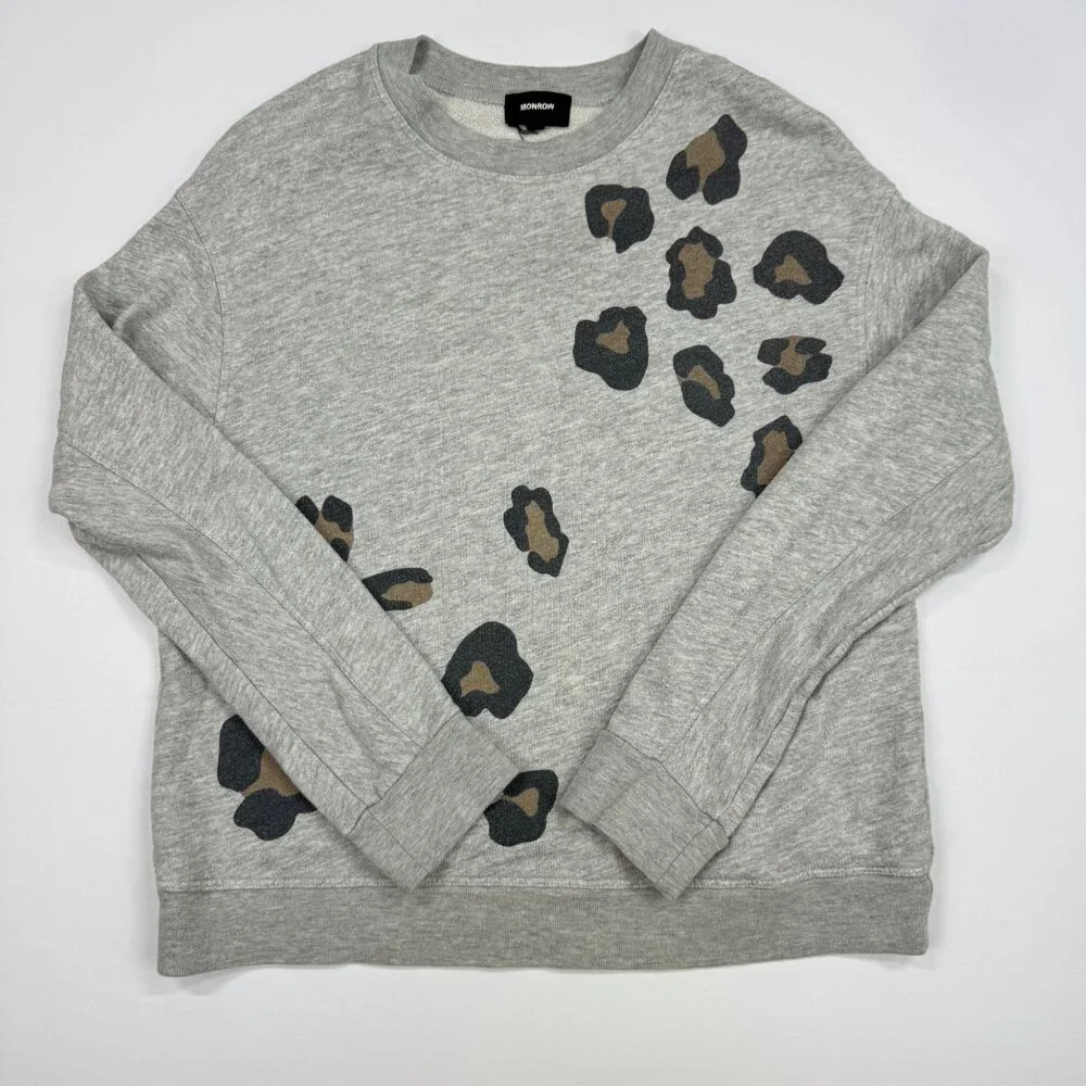 Monrow Sweatshirt Gray Leopard Print Crewneck Size S Pullover Long Sleeve - Picture 7 of 10